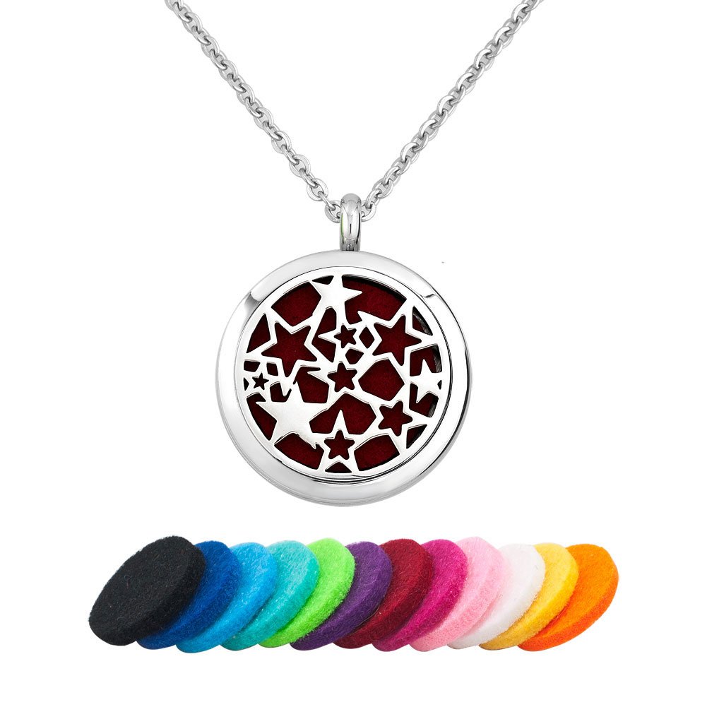 Third Time Charm Star Essential Oil Diffuser Necklace Aromatherapy Locket Pendant, 12 Refill Pads