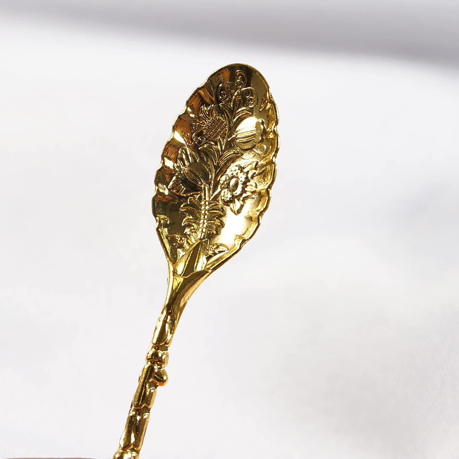 Soulnioi Vintage Carved Crystal Spoons Retro Decorative Coffee Stirring Spoons Dessert Spoons Ice Cream Spoon with Malachite Blue Flame Feather Head for Cafe Office Tableware -Gold - Image 3