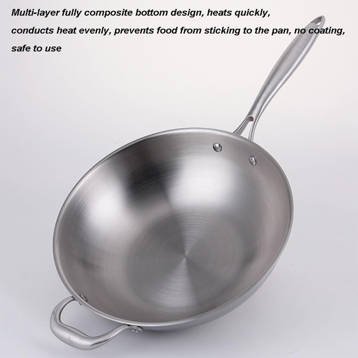 Padella wok antiaderente in acciaio inox da 34 cm, con coperchio, manico ergonomico, fondo piatto, compatibile con cottura a induzione, per mescolare e cuocere