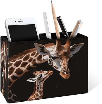 Famame Giraffe Baby And Mother Pencil Holder for Desk, Leather Desktop Container Pen Cup Storage Study Table Pen Organizer Makeup Brush Holder for Classroom Office Home