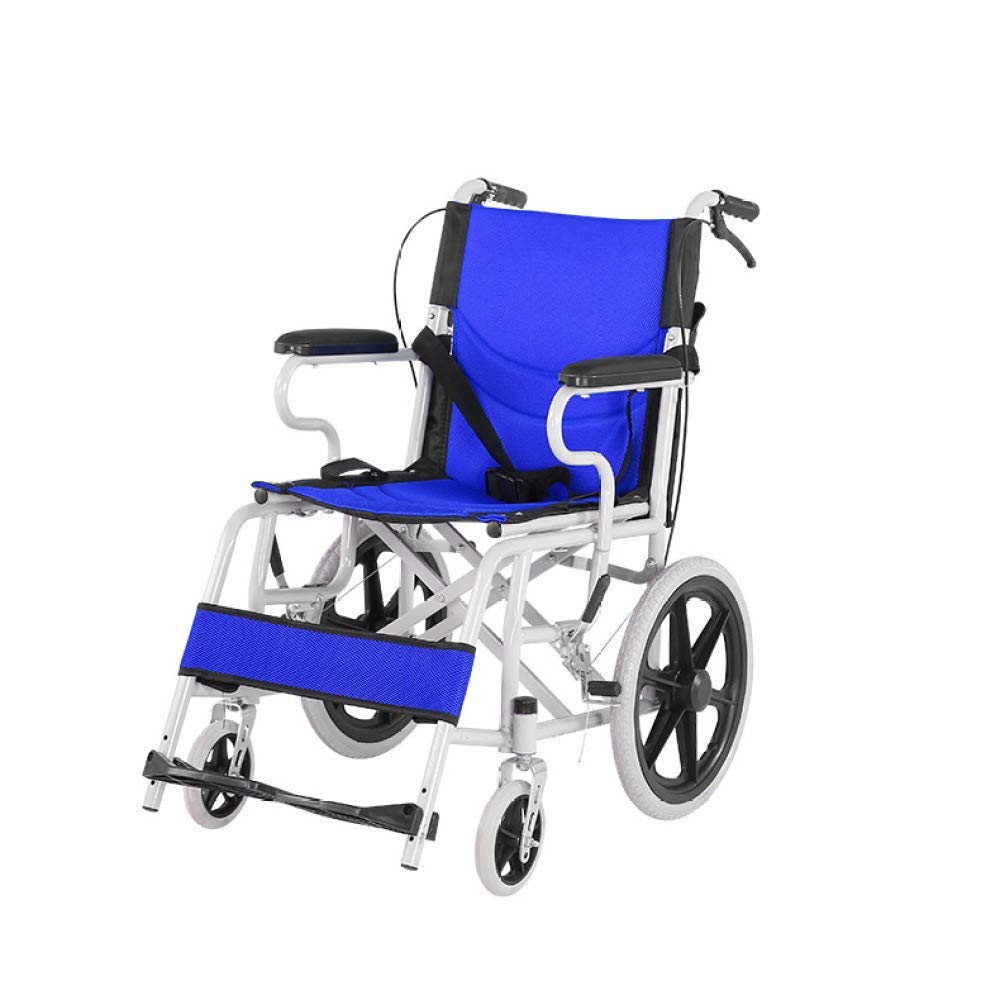 SXSLTSA Foldable Carbon Steel Lightweight Transport Mobile Wheelchair Lightweight Portable Travel Chair Lightweight Handbrake (Blue)
