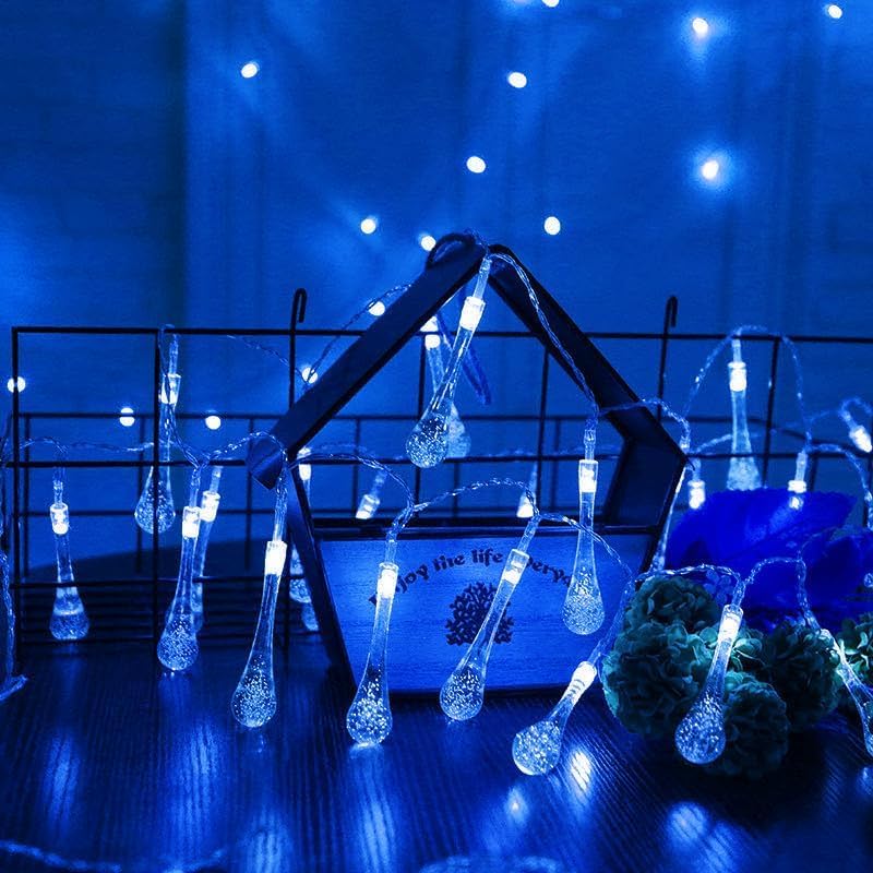 SHANJIA Water Droplets String Lights, LED Waterdrop String Lights Battery Operated Water Drop Lights Garden Fairy Lights for Bedroom, Christmas, Party,Wedding (Blue, 3M20LED)