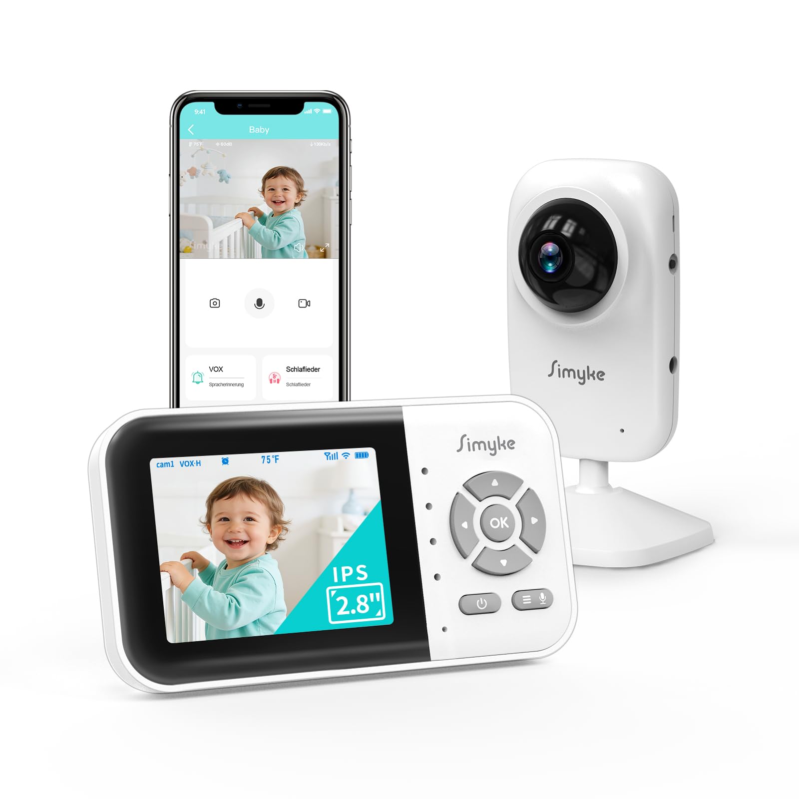 Simyke Baby Monitor with Camera and 2.8 Inch Screen, No WiFi Baby Camera with 2-Way Talk & VOX Mode, Night Vision & Temperature Sensor, Portable Video Baby Monitor