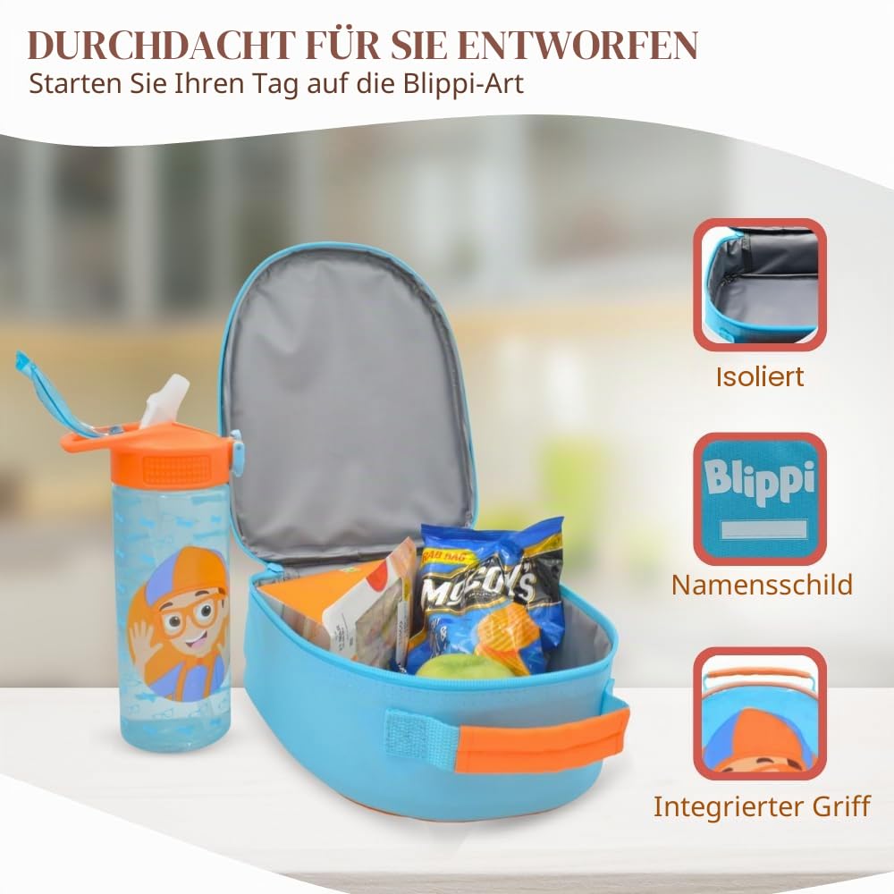 HOX 94833 Blippi Set Kinder Lunchtasche und Wasserflasche mit aufklappbarem Trinkhalm, Polyester