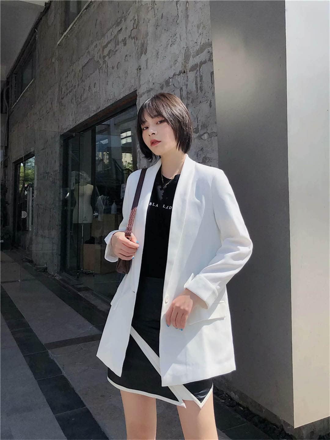 Women Solid Color Long Blazer Pleated Sleeve Loose Coat Office Lady Work Style Small Button Jacket