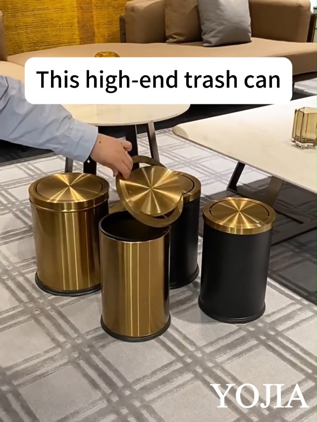 Image of 4 Gallon Black Gold Bathroom Trash Can, Stainless Steel Waste Basket, Large Capacity Garbage Can, for Bedroom Kitchen Office Hotel (Black)