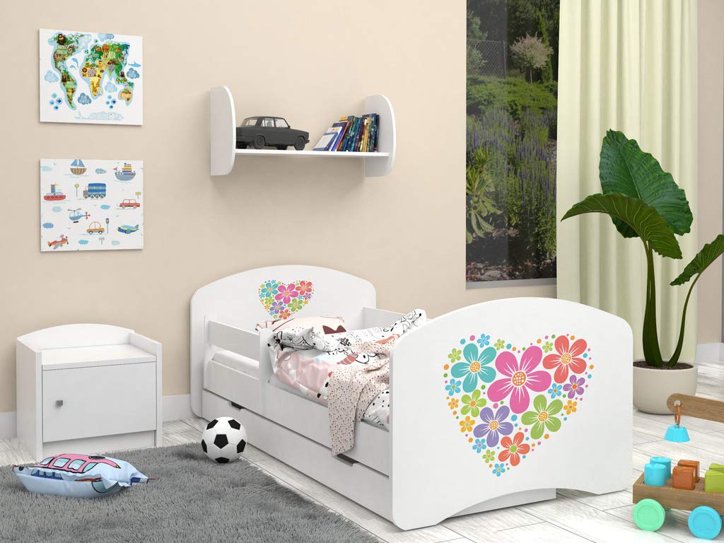 Happy Babies - Dwustronne łóżko dziecięce ze skrzynią Nowoczesne wzornictwo z bezpiecznymi krawędziami i zabezpieczeniem przed upadkiem materac piankowy 7 cm. (190 x 90, 04. Serce z kwiatów)