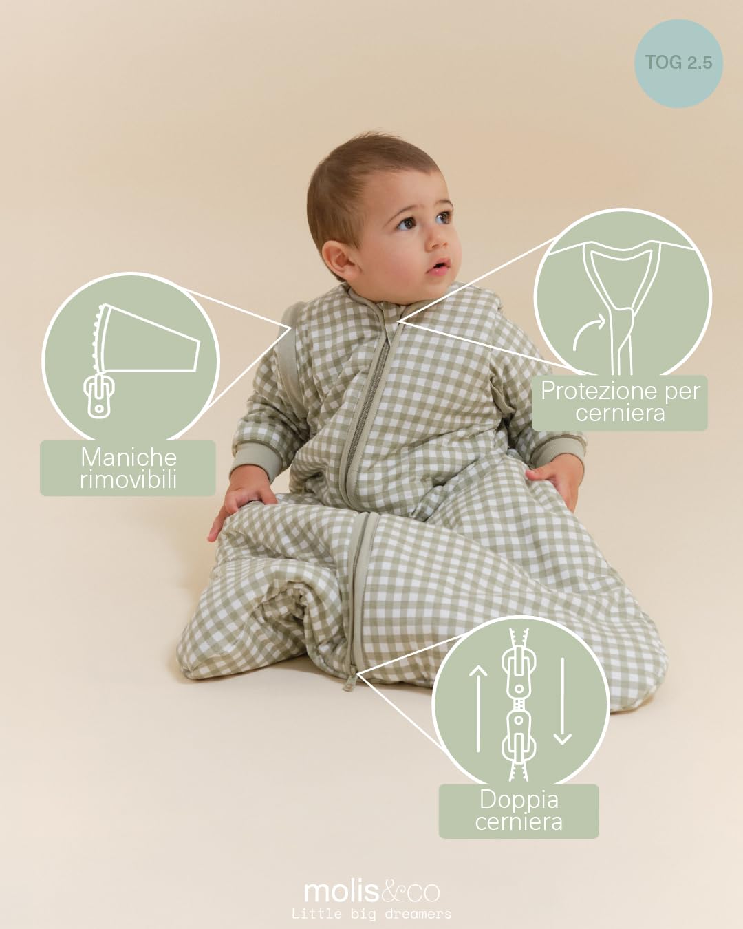 molis&co - Sacco nanna maniche staccabili per Neonati e Bambini - Sacchi Nanna 2.5 tog - 100% Cotone (Oeko-TEX 100) - Mint Tea (12 a 18 mesi)