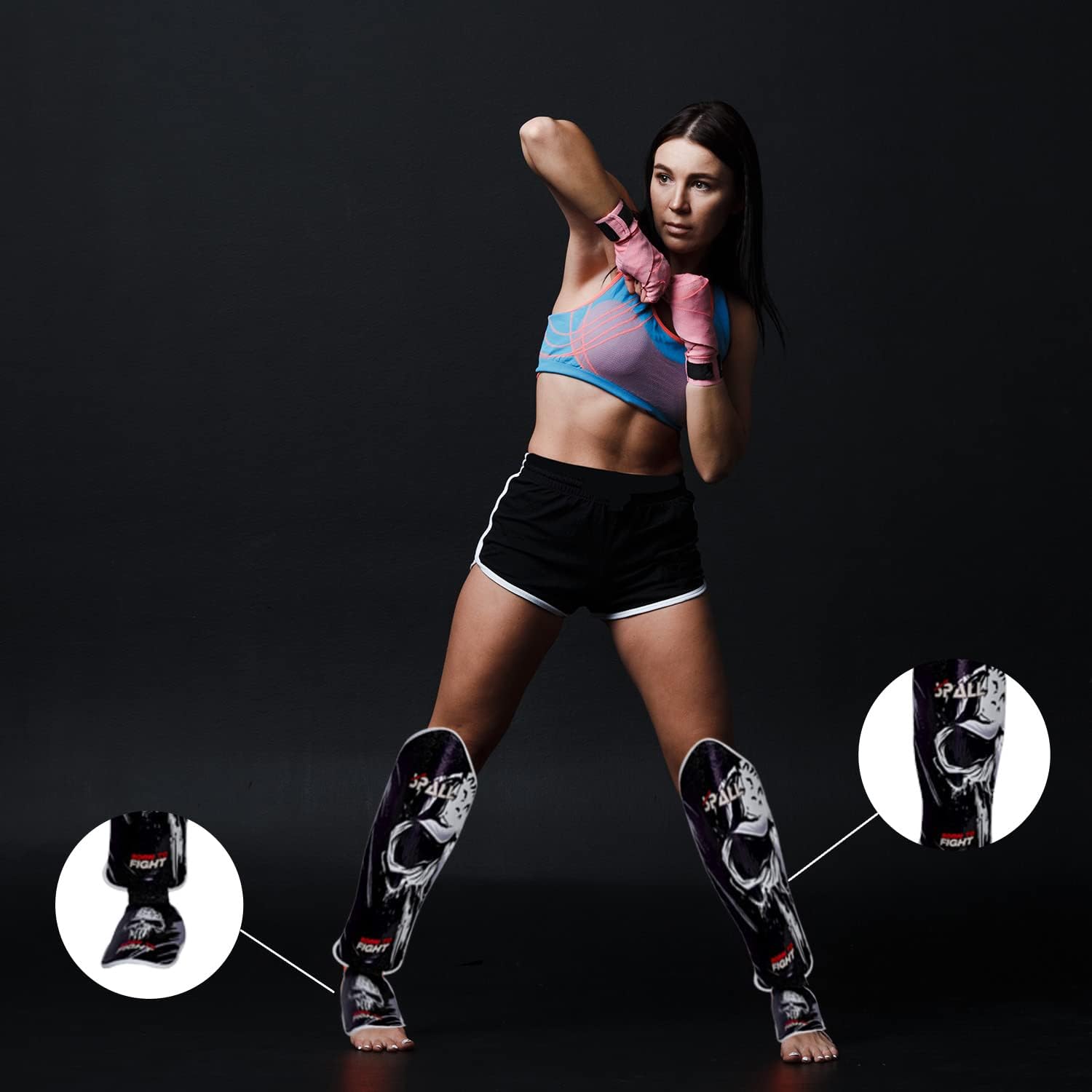 Spall Pro US Muay Thai Guards Shin Guards for Kickboxing Martial Arts BJJ Boxing Sparring with MMA Foot Protector - Born to Fight Black (X-Large)