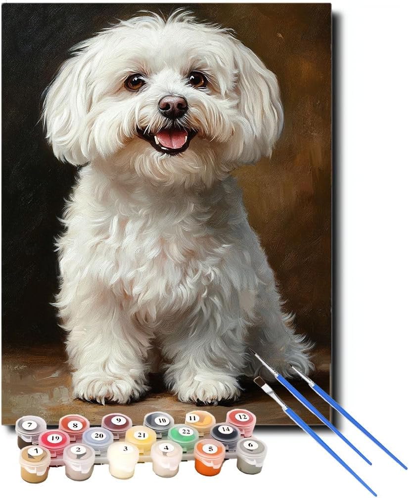 XCJFGO Bichon Frise Dog Paint by Numbers Kit for Adults Beginners, Cute Dog DIY Easy Acrylic Oil Painting by Numbers on Canvas, Paint-by-Numbers Kits for Home Wall Decor Without Frame 16" W x 20" L