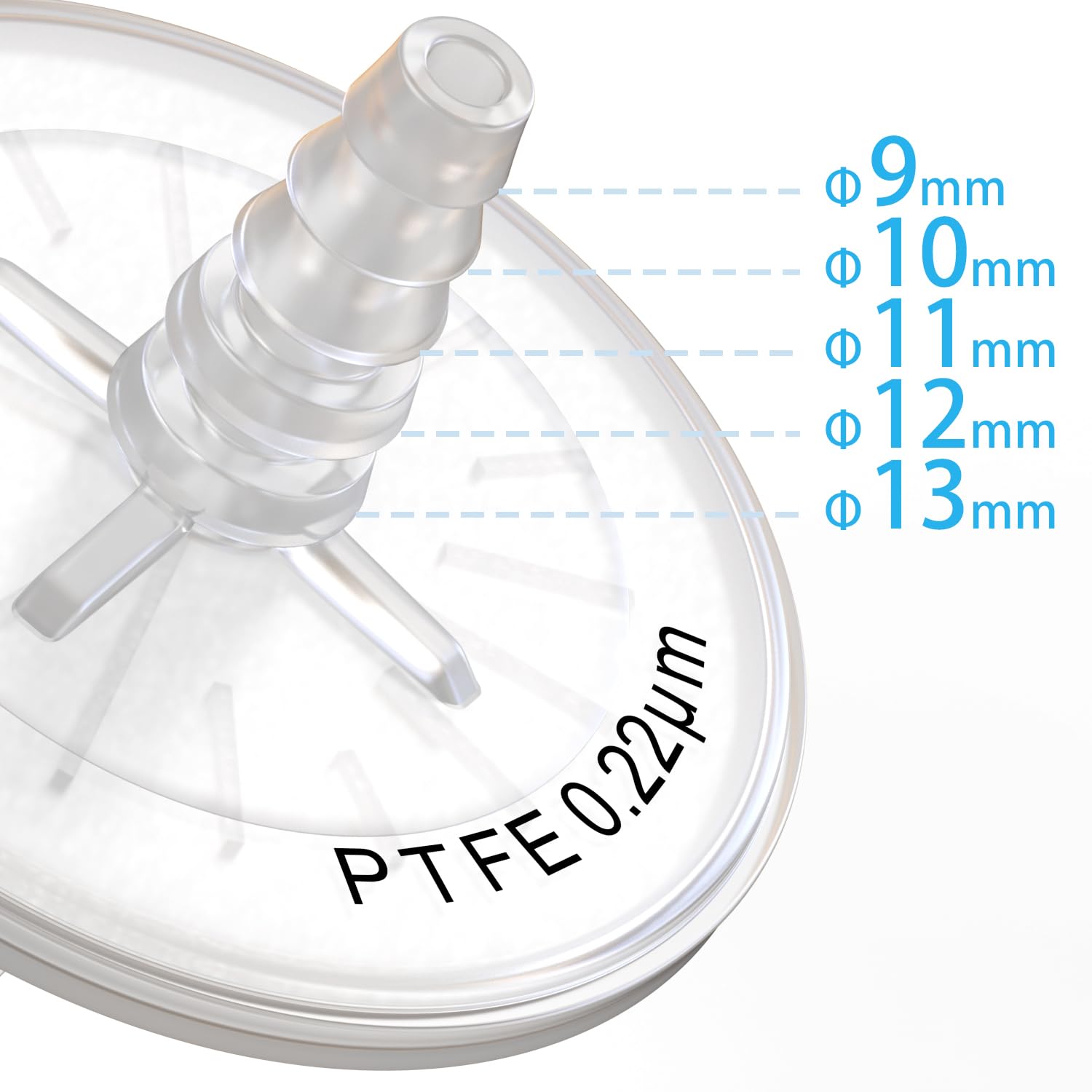 Filtro dell'aria sterile PTFE, filtro idrofobo da 50 mm, 0,22 μm, con tubo a gradini da 7 mm a 13 mm e linguetta femmina Luer per filtrazione dell'aria, confezionato singolarmente