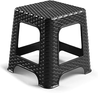 CABLEPELADO - Taburete de Rattan Bajo, Ligero y Multifuncional, Asiento Plástico Supletorio, Silla Sin Respaldo, Antideslizante, Apilable, 33 cm Altura, Negro