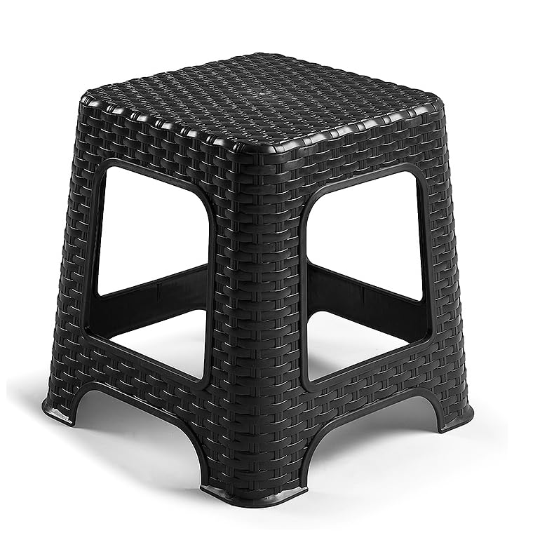 CABLEPELADO - Taburete de Rattan Bajo, Ligero y Multifuncional, Asiento Plástico Supletorio, Silla Sin Respaldo, Antideslizante, Apilable, 33 cm Altura, Negro