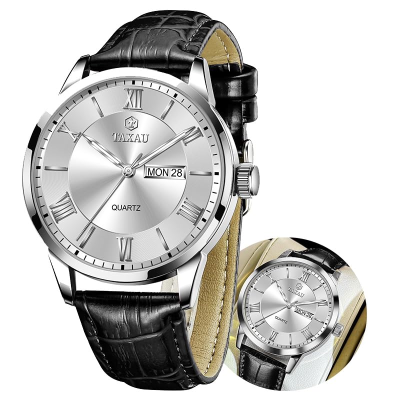 Taxau Klassische Lederuhren für Männer Analog Quartz Big Dial Luxus Armbanduhren Wasserdicht Luminous Day Date Reloj para Hombre