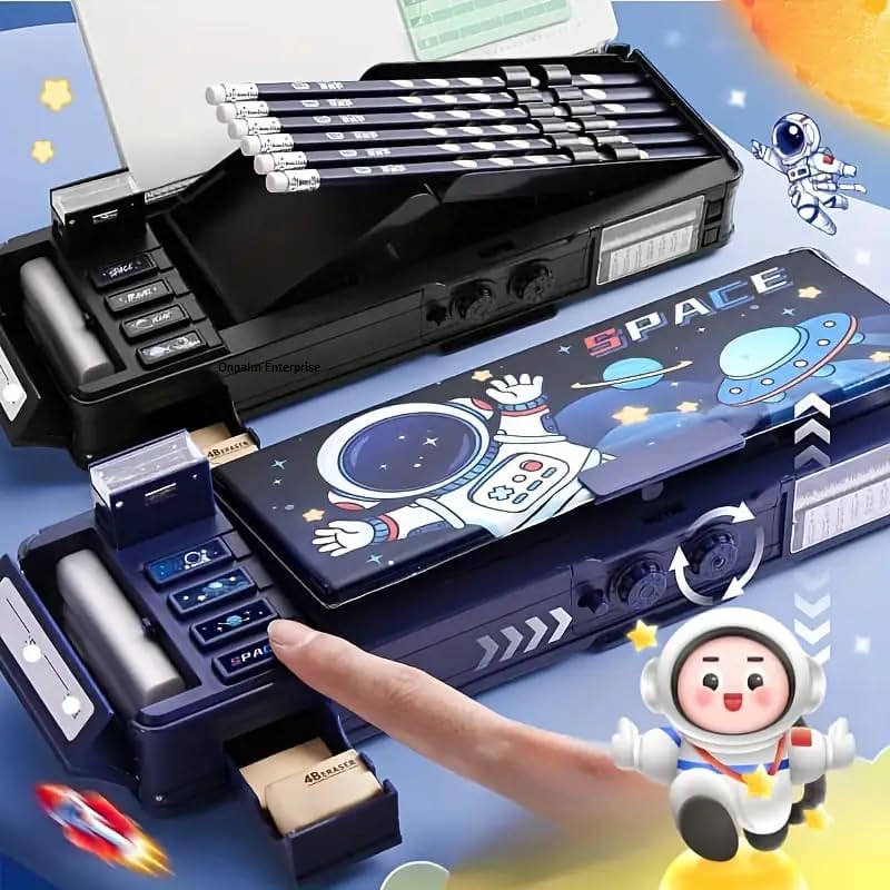 Image of Plastic Multifunctional Space Lock Compass Box for Kids, Pencil Box for Boy & Girl, Magnetic & Password Lock Compass Box for Boys Space Theme Return Gifts for Kids, Multicolor