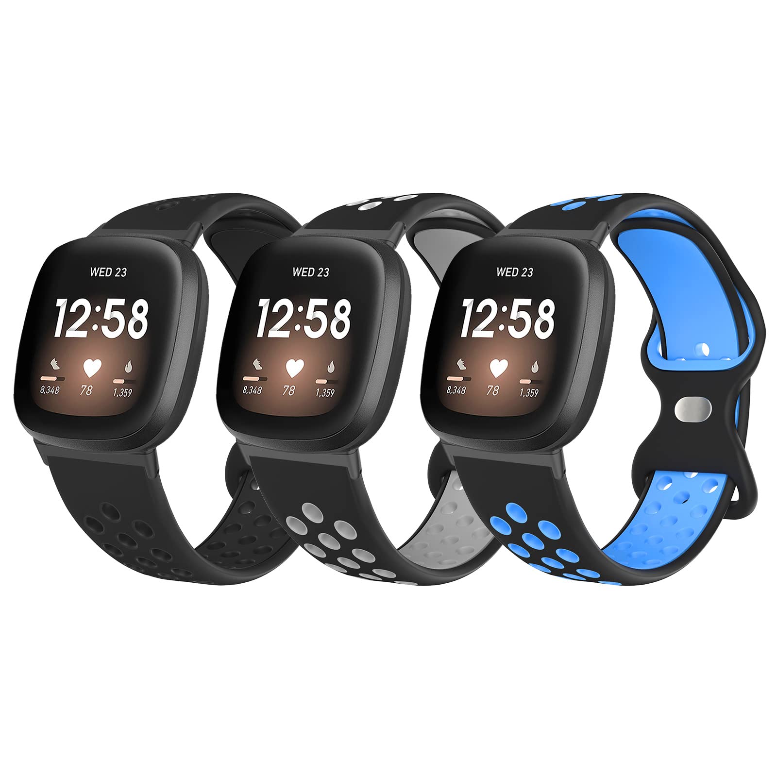 SKYLET Compatible for Fitbit Sense Bands/Fitbit Versa 3 Bands for Men Women, 3 Pack Sport Breathable Silicone Replacement Sense/Versa 3 Bands Women Men, Large