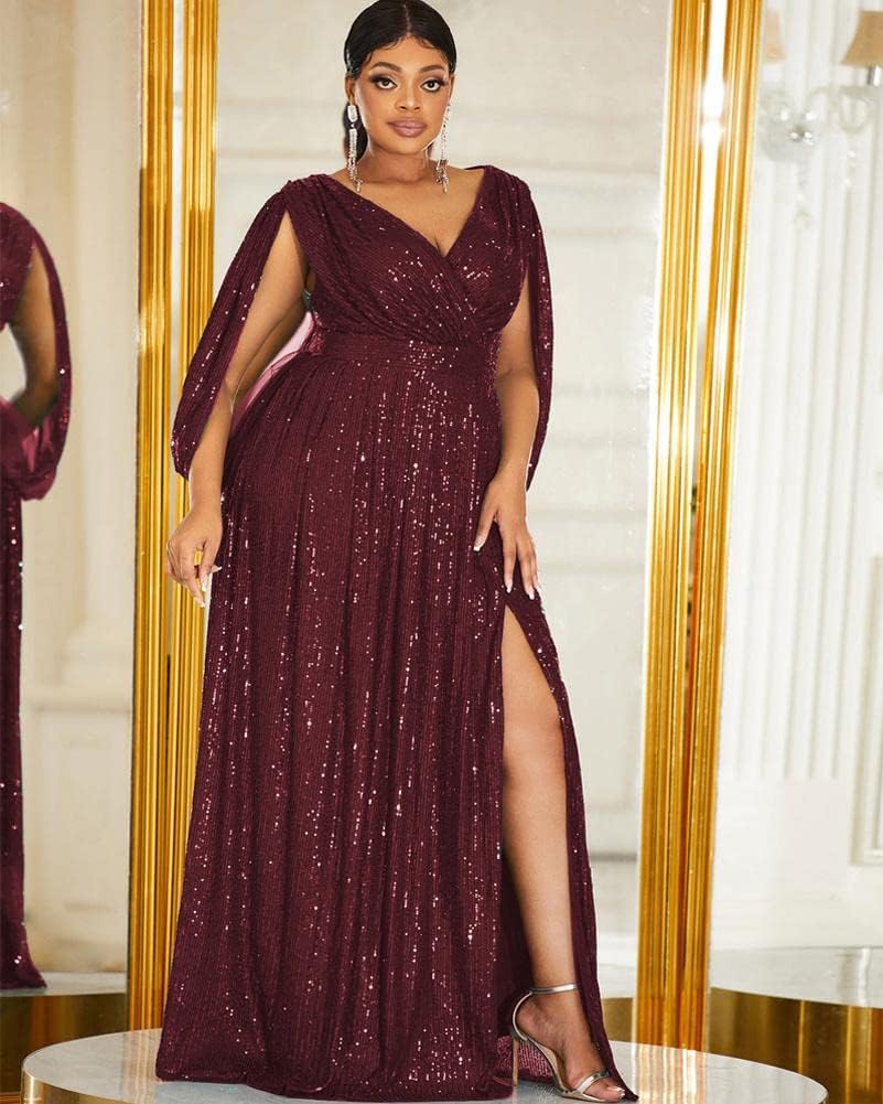Women's Plus Size Flare Sleeve V Neck Side Split Sequin Formal Prom Dress - Image 3