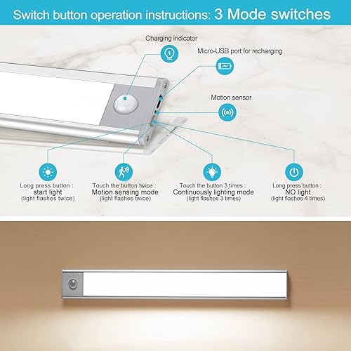 Miniatura 2 de 70 luces LED con sensor de movimiento, iluminación de armario debajo del mostrador, luces nocturnas inalámbricas recargables por USB, luz alimentada
