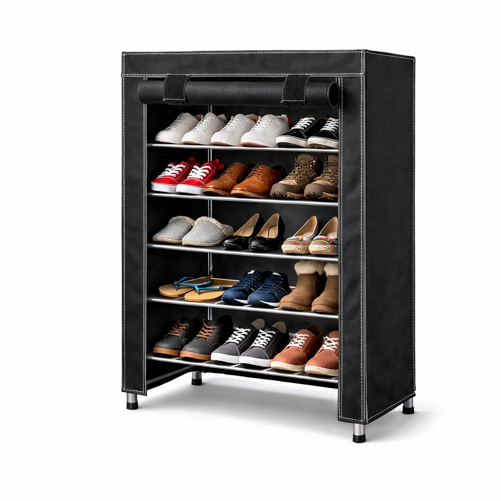 RAXON WORLD 5-Tier Shoe Rack with Dustproof Cover, Shoe Storage Cabinet & Organizer for Home, Entryway & Closet, Free-Standing Metal Shoe Stand,Storage Rack for Sneakers, Heels & Daily Footwear Black