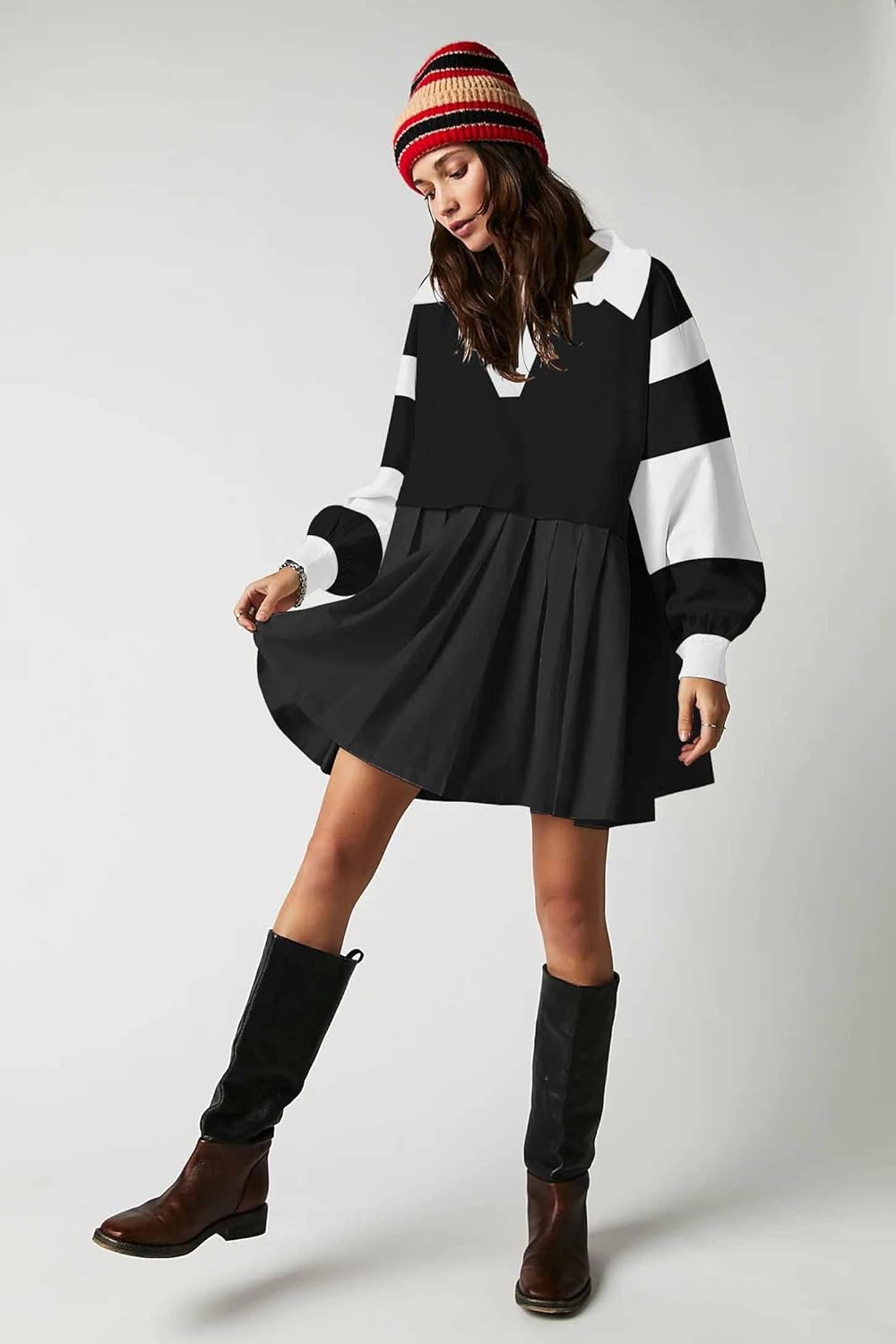 SAUKOLE Women’s Oversized Casual Sweatshirt Patchwork Dress Fall Long Sleeve Trendy Lapel Neck Pleated Mini Dress - Image 3