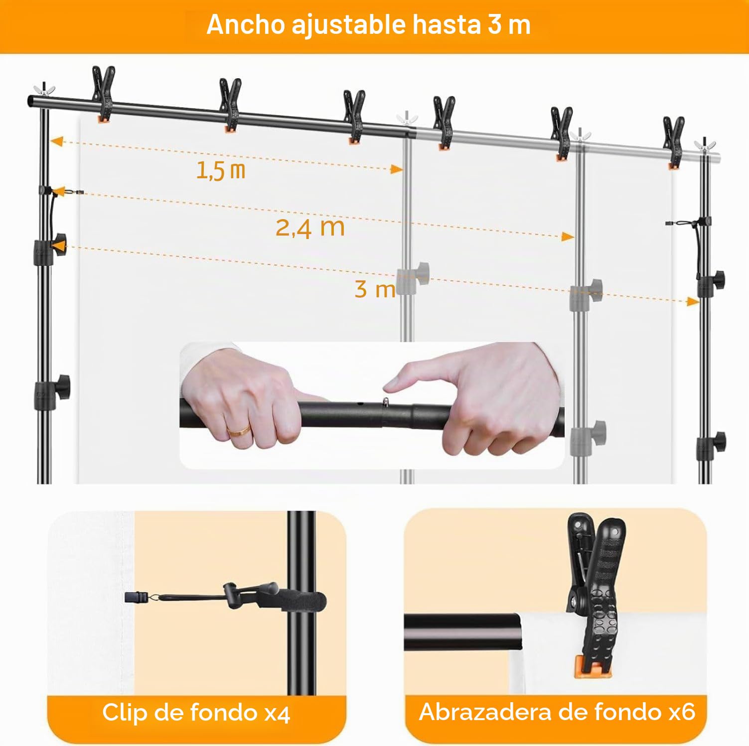 EMART Soporte de Fondo para Fotografía, 2,6 m x 3 m Ajustable Sistema de Fondo Fotográfico con 2 Bolsas Arena para Retrato, Fotografico de Productos y Grabación de Video