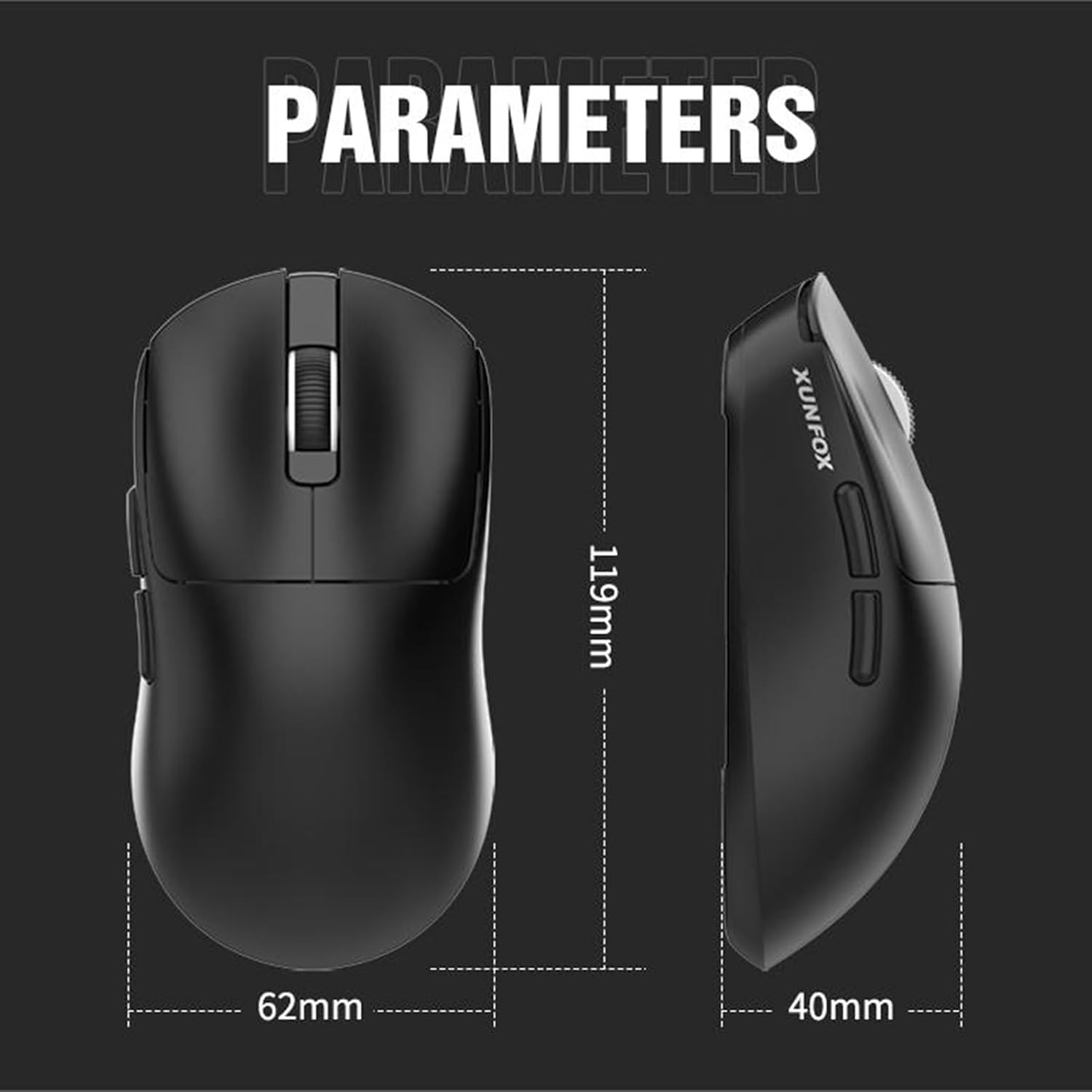 Diagram showing the dimensions of the XUNFOX H8 mouse: 119mm length, 62mm width, 40mm height.