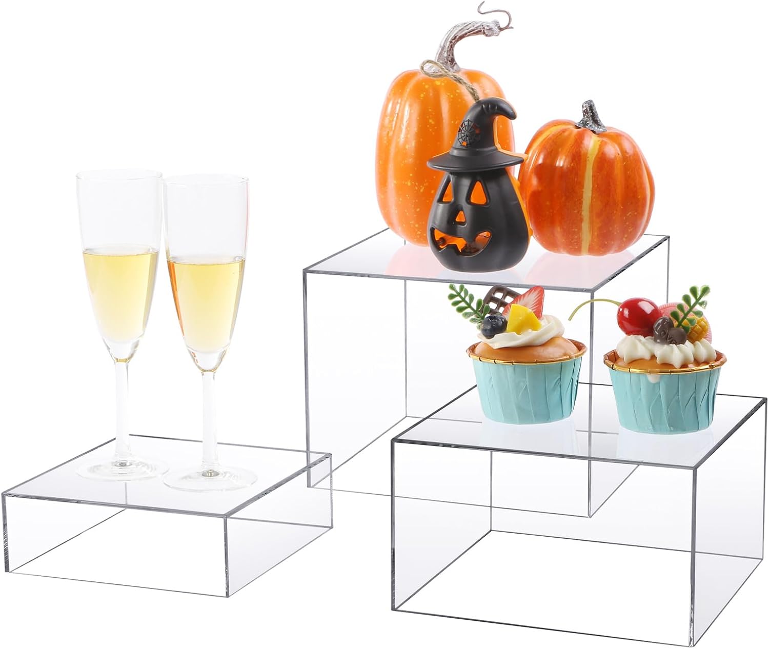 Acrylic Risers Display Stands, 3 Pcs Clear Cube Boxes Display Stand, Buffet Risers with Hollow Bottom, Food Stands, Retail Vendor Store Display Riser Showcase for Jewelry Figures Collectibles Cake