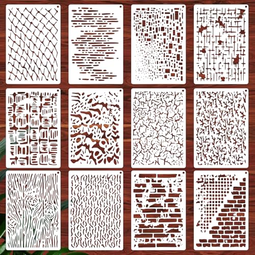 12 Stück Geometrische Texturen Schablonen Malen,Wiederverwendbar Handwerksartikel Stencil,DIY Schablonen Textilgestaltung,für Scrapbooking,Holz-,Wand- und Fliesenmalerei und Andere Bastelprojekte