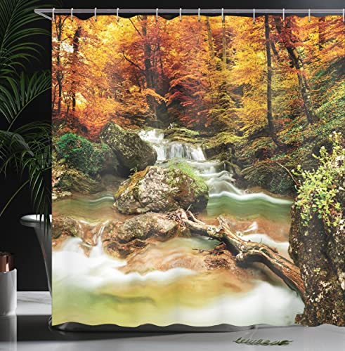 Ambesonne Waterfall Shower Curtain, Autumn Seasonal Woodland Creek Trees Foliage Rocks In Forest Image, Cloth Fabric Bathroom Decor Set With Hooks, 69" W X 84" L, Brown Orange #TOP2