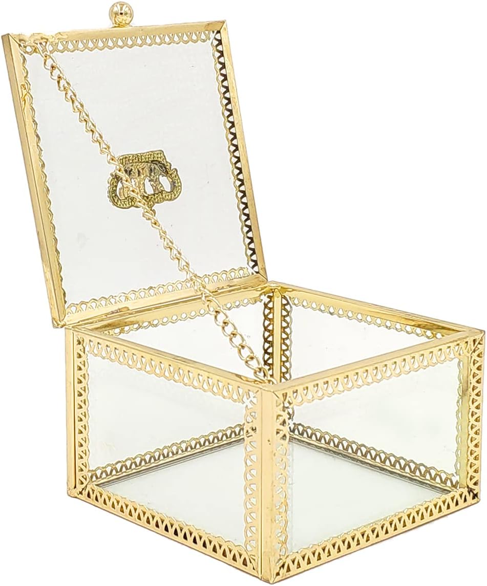 NAJMECHOY Glass Jewelry Box, Mirror Bottom with Crown Lid