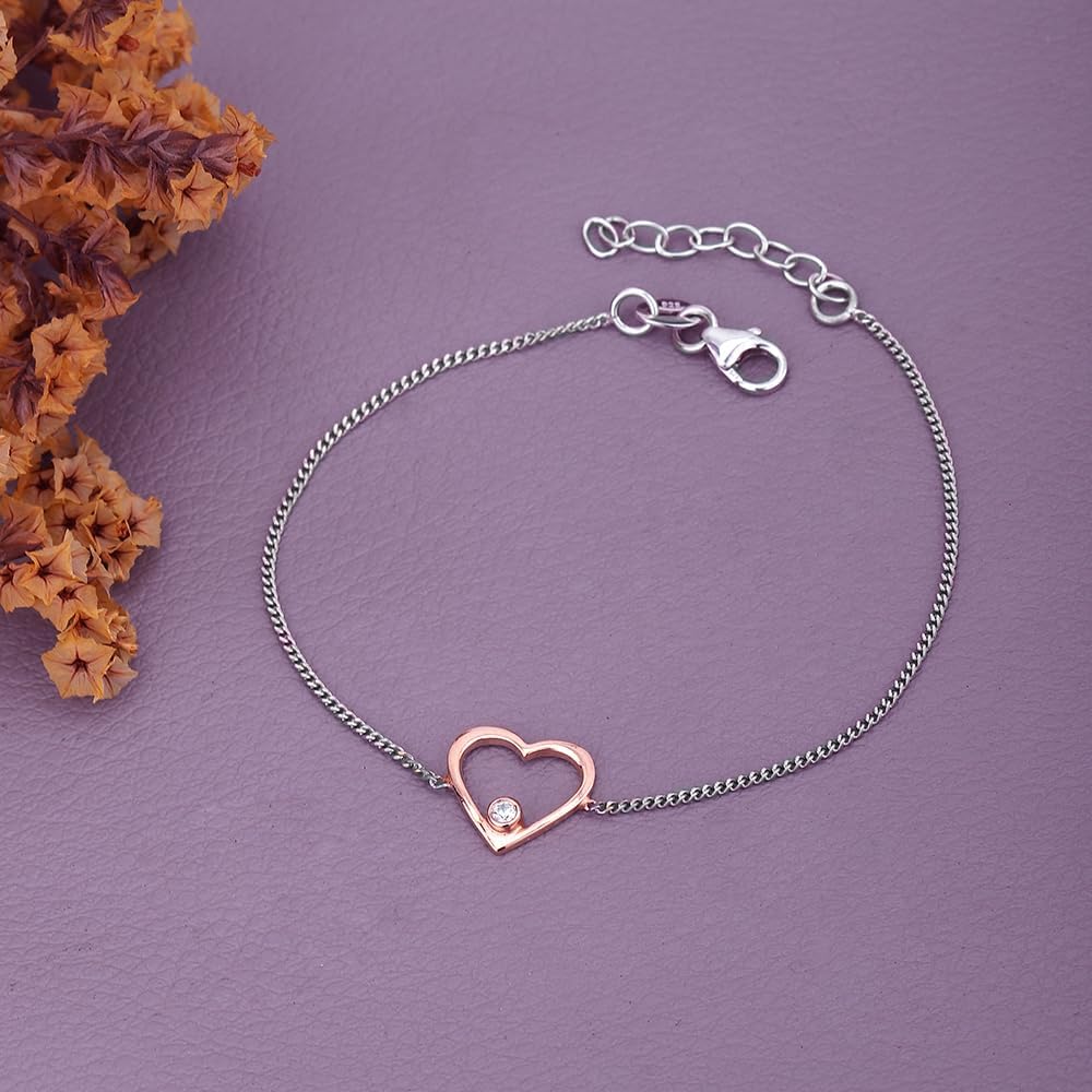 Vanbelle Sterling Silver Jewelry - Rose Gold & Rhodium Plated with 925 Stamp - Heart Bracelet with Cubic Zirconia Stone - Elegant Handcrafted for Women 6.5" Long + 1" Extender - Image 6