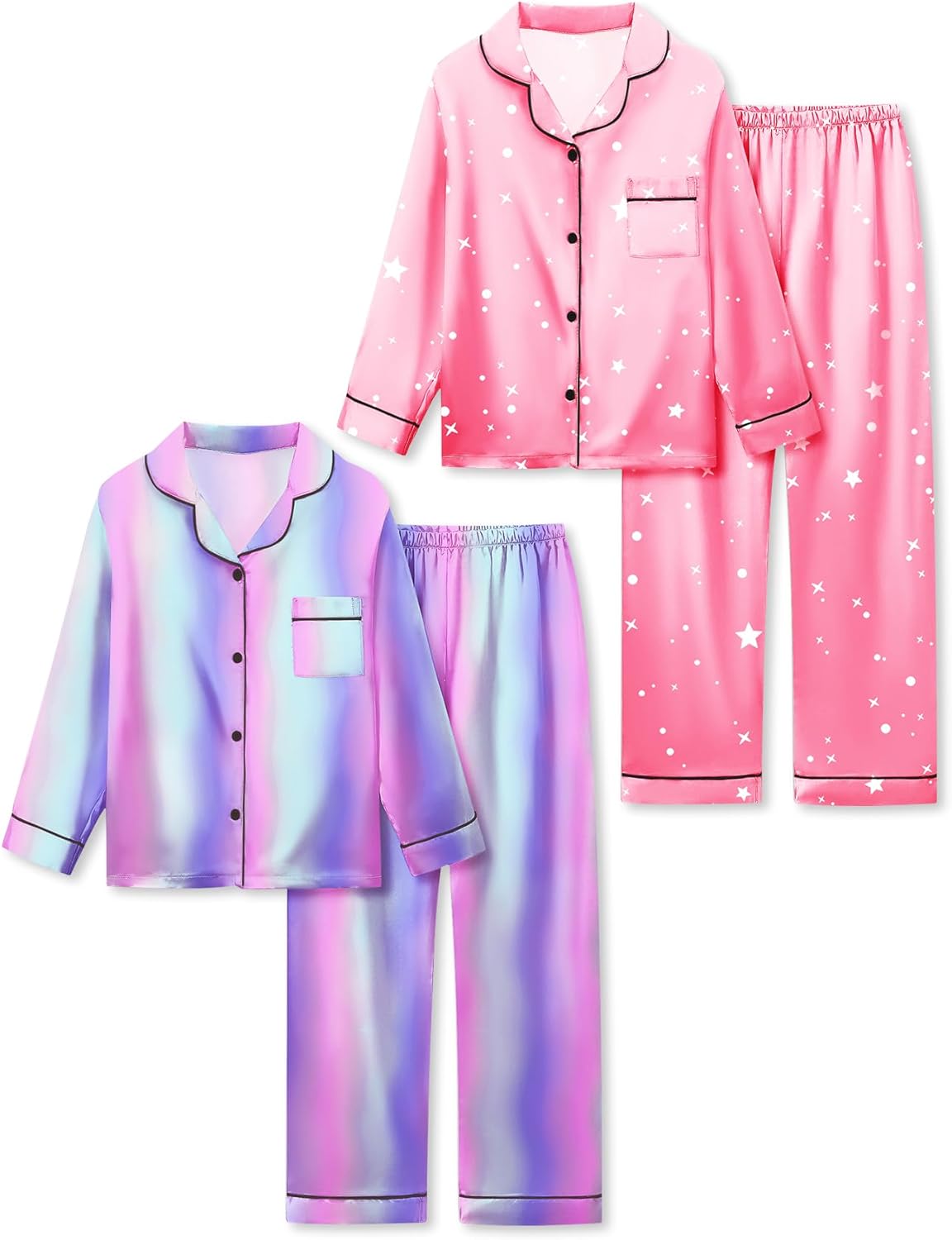 Satin Pajamas for Girls, 4-Piece Long Sleeve Silky Button Down PJ Set