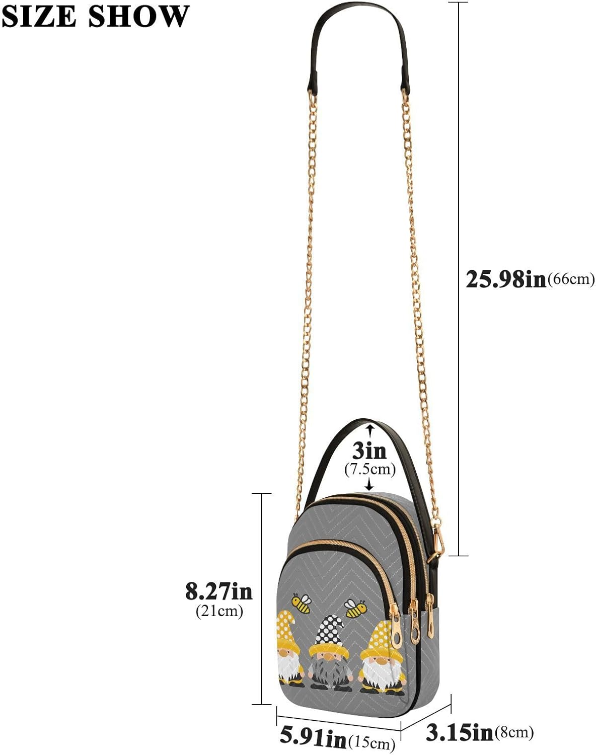 Small Cross body Bags for Women Gnome Bees Quilted Crossbody Cell Phone Shoulder Purse Handbags Wallet Detachable Chain Bag
