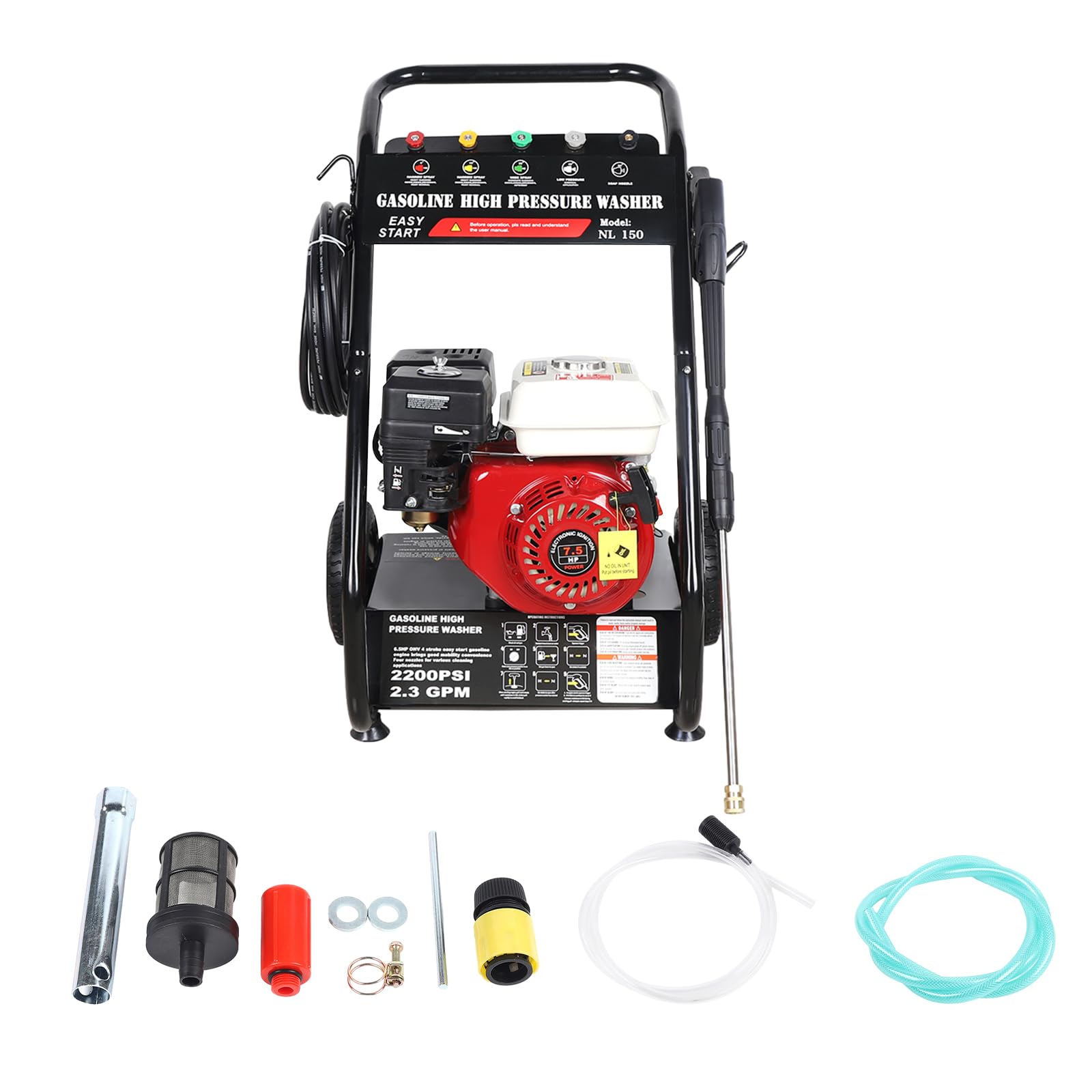 Limpiador profesional de alta presión de 7,5 CV, 4900 W, 190 bar, 4 tiempos, gasolina, autocebante, máquina de limpieza, vapor, con 5 boquillas, pistola pulverizadora, manguera para suelos, vehículos