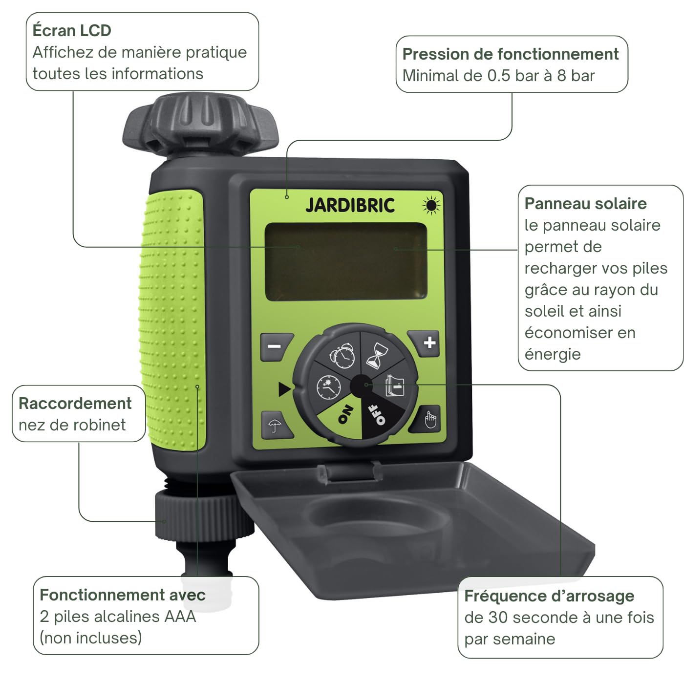 Jardibric - Programmateur d’Arrosage Digital Automatique - Fréquence 10 s à 7 Jours - Durée 54 s à 360 Min - Pression 0,5 à 8 Bars - Installation Facile