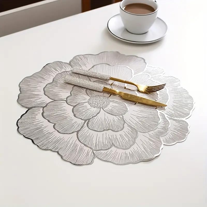 Image of Dakshya Industries PVC Waterproof Round Table Placemats & Table Runner Combo | 6 Round Mats (38 x 38 cm) + 1 Runner (91 x 33 cm) | Heat Resistant, Washable, Non Slip (Silvenza)