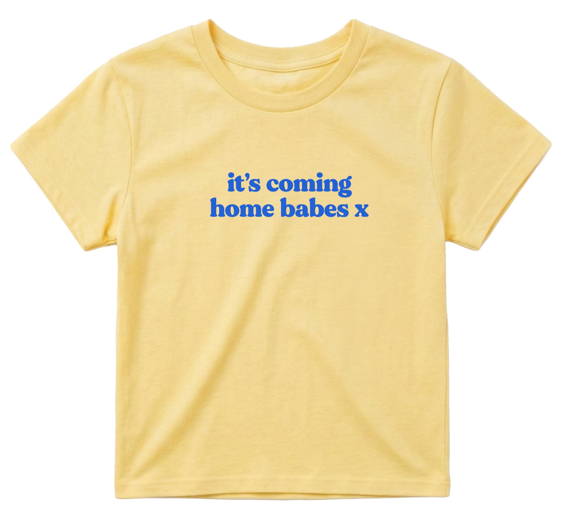 Sanfran Clothing It's Coming Home Babes x Baby Tee T-Shirt Top World Football Shirt England Scotland Country Team 2026 Soccer Womens Flag Varsity Shirt Yellow Haze (Blue Text) - Medium