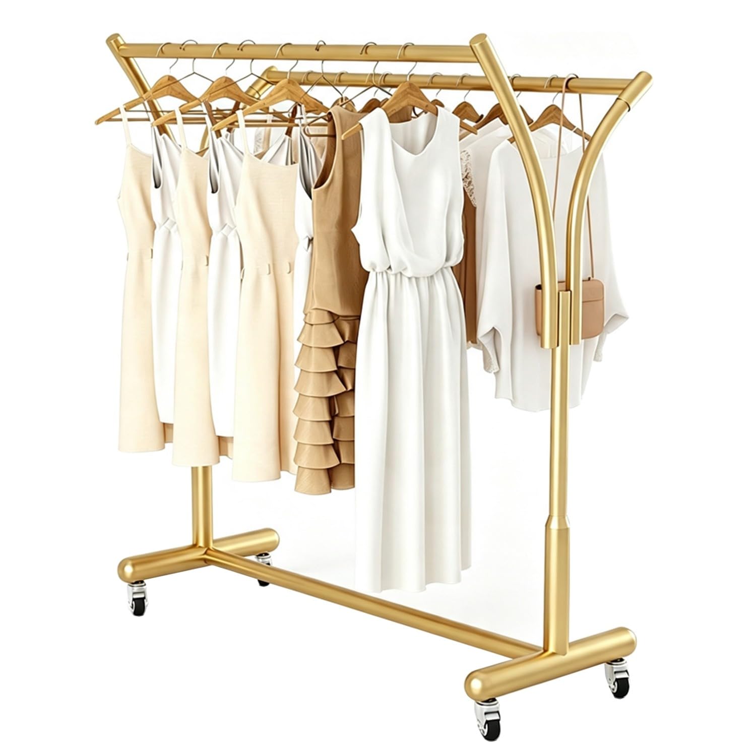 Meyebp Gold Double Rod Garment Rack With Lockable Wheels, Heavy Duty Curved Metal Freestanding Clothes Rack, Rolling Clothing Display Organizer For Bedroom Closet Boutique Retail Store