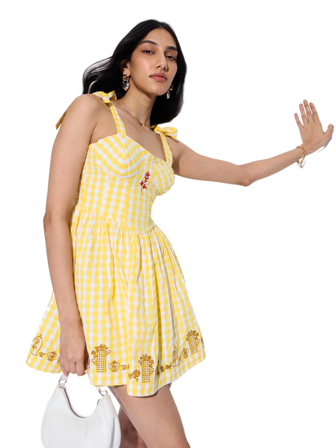 Disney: Bonjour Women and Girls Sleeveless Sweetheart Neckline Yellow Gingham Check Polyester Cotton Blend A-Line Holiday Ready Lightweight Casual Dress-image-33