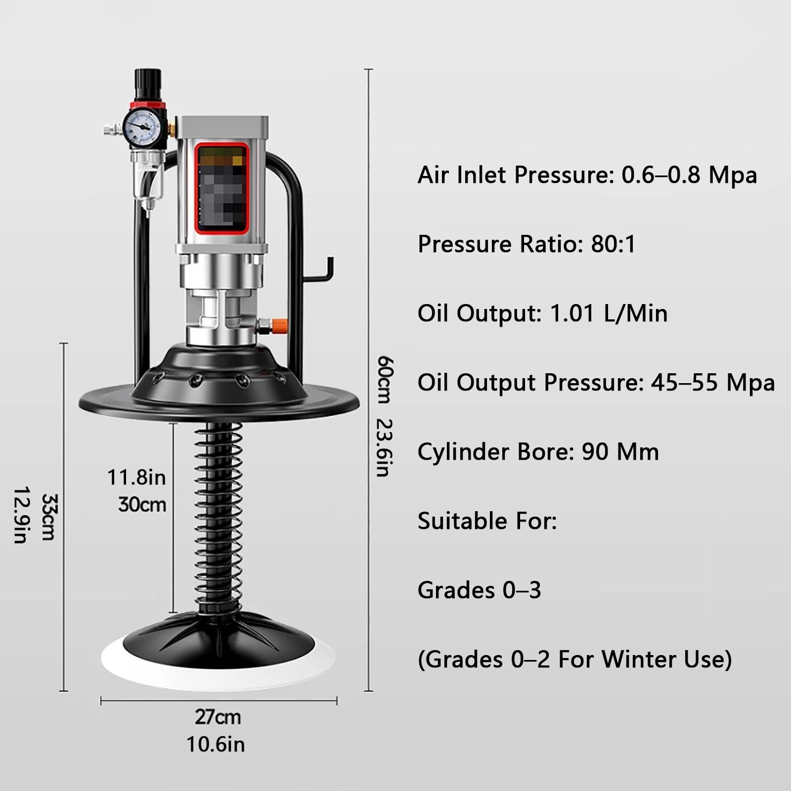 80:1 Bomba de Grasa Neumática para Cubeta | Placa de Apoyo de Goma, Presión de 45-55 MPa, Caudal de 1,01 L/min, Sin Cubeta