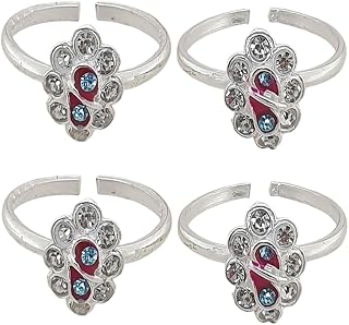Sahiba Gems Silver Beautiful Maroon Meena with Blue Color Zircon Toe Rings Bichhiya | 4 Pieces Set For Women I Light Weight Price In India