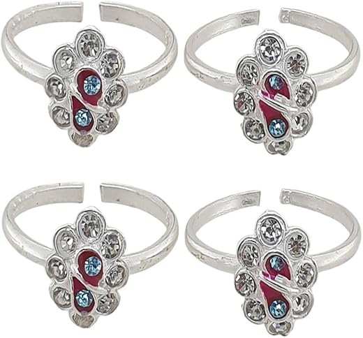 Sahiba Gems Silver Beautiful Maroon Meena with Blue Color Zircon Toe Rings Bichhiya | 4 Pieces Set For Women I Light Weight