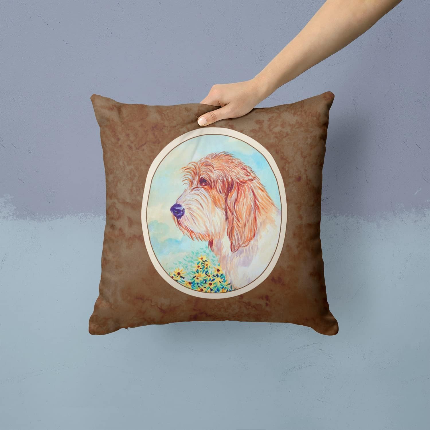 Caroline's Treasures 7229PW1414 Petit Basset Griffon Vendeen PBGV Fabric Decorative Pillow Machine Washable, Indoor Outdoor Decorative Pillow for Couch, Bed or Patio, 14Hx14W