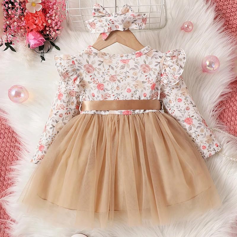 Image of Niren Enterprise Long Sleeve Printed Flower Belted Round Neck Baby Girl Frock with Knee-Length and A-Line Style