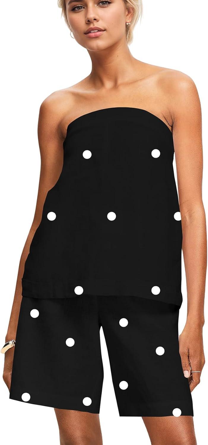 Women Polka Dot 2 Piece Outfits Summer Vacation Matching Set Strapless Tube Top and Baggy Shorts Lounge Set