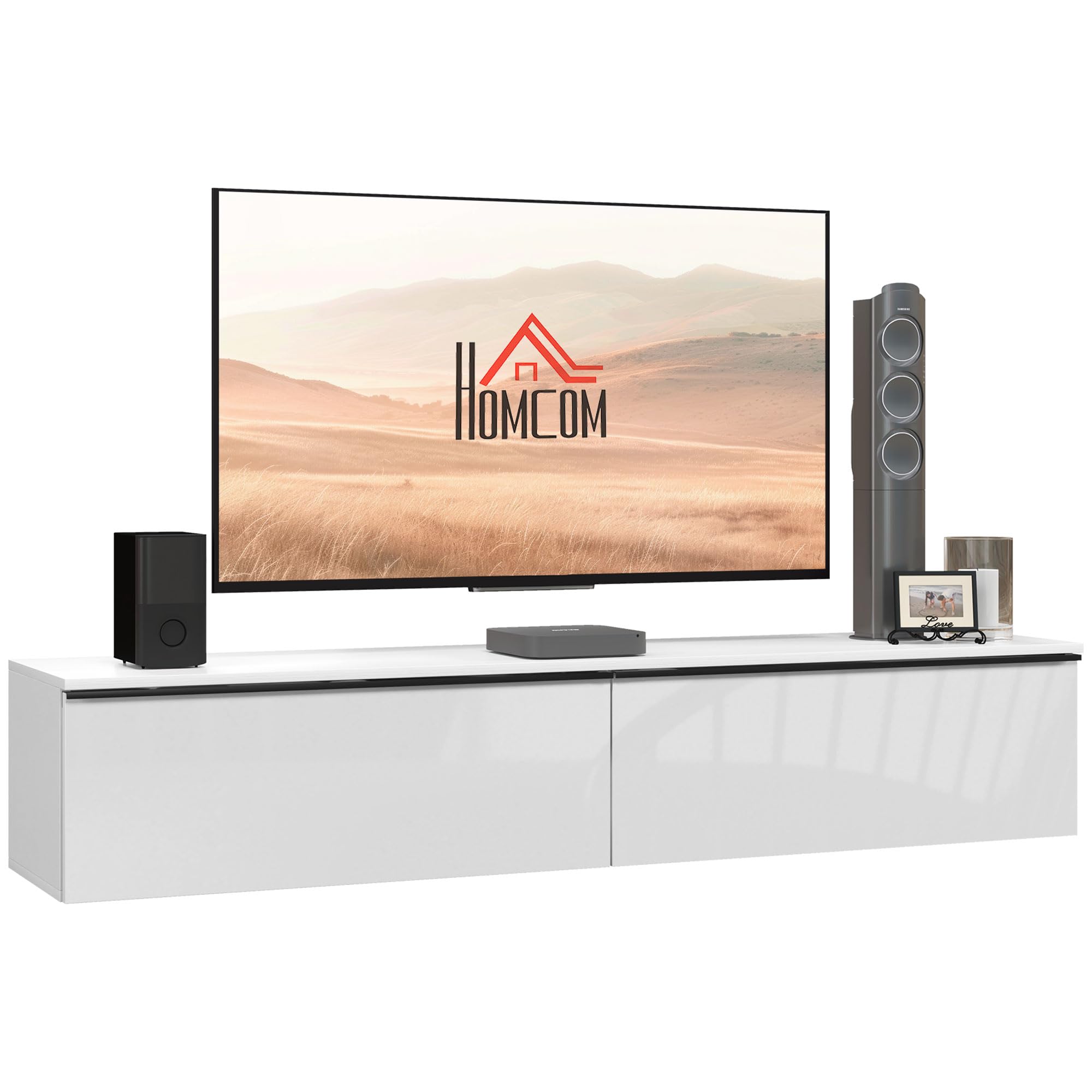 Homcom White Wall Mounted Tv Stand Unit With Storage & High Gloss Effect,