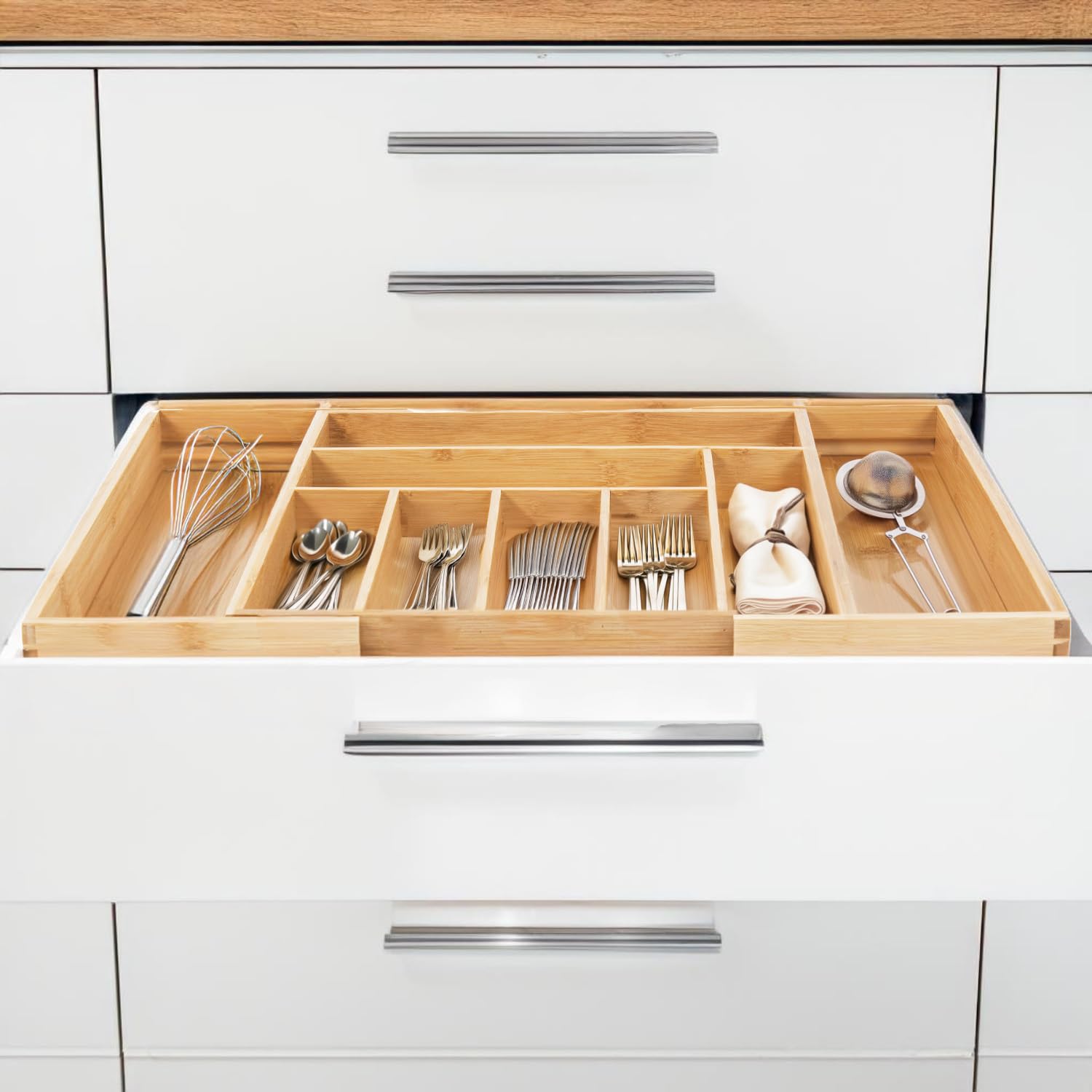 GreenBlue GB379 Organizadores de Bambú para Cubiertos | Bandeja Extensible, 7 Compartimientos Básicos y 2 Extraibles para Utansilios de Cocina | Organización de Cajón | Dim.: 32,5-50x43x45cm | 2 uds.