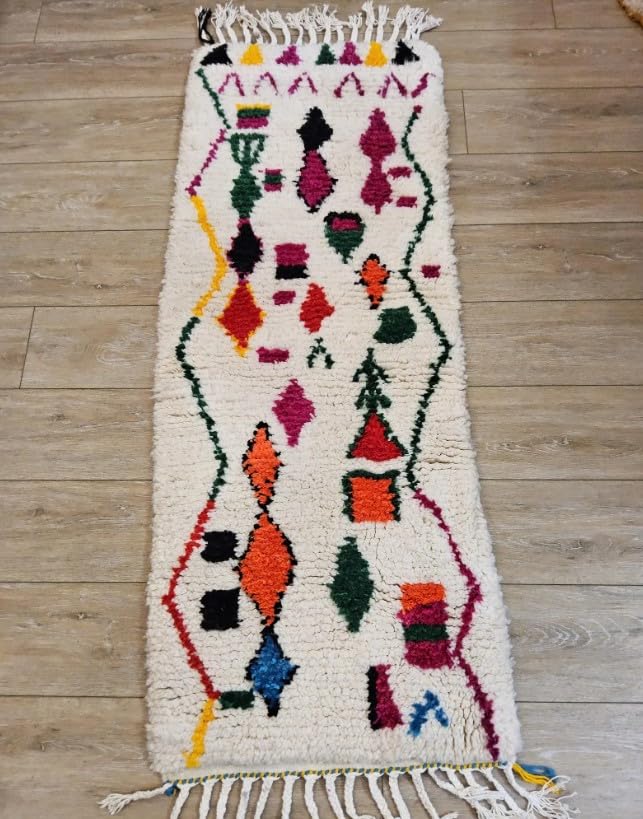 Générique Tifinagh Shop - Tapis Berbère Azilal Multicolore 152 x 59 cm - Authentique Tapis Marocain Fait Main en Laine - Motifs Traditionnels - Pièce Unique