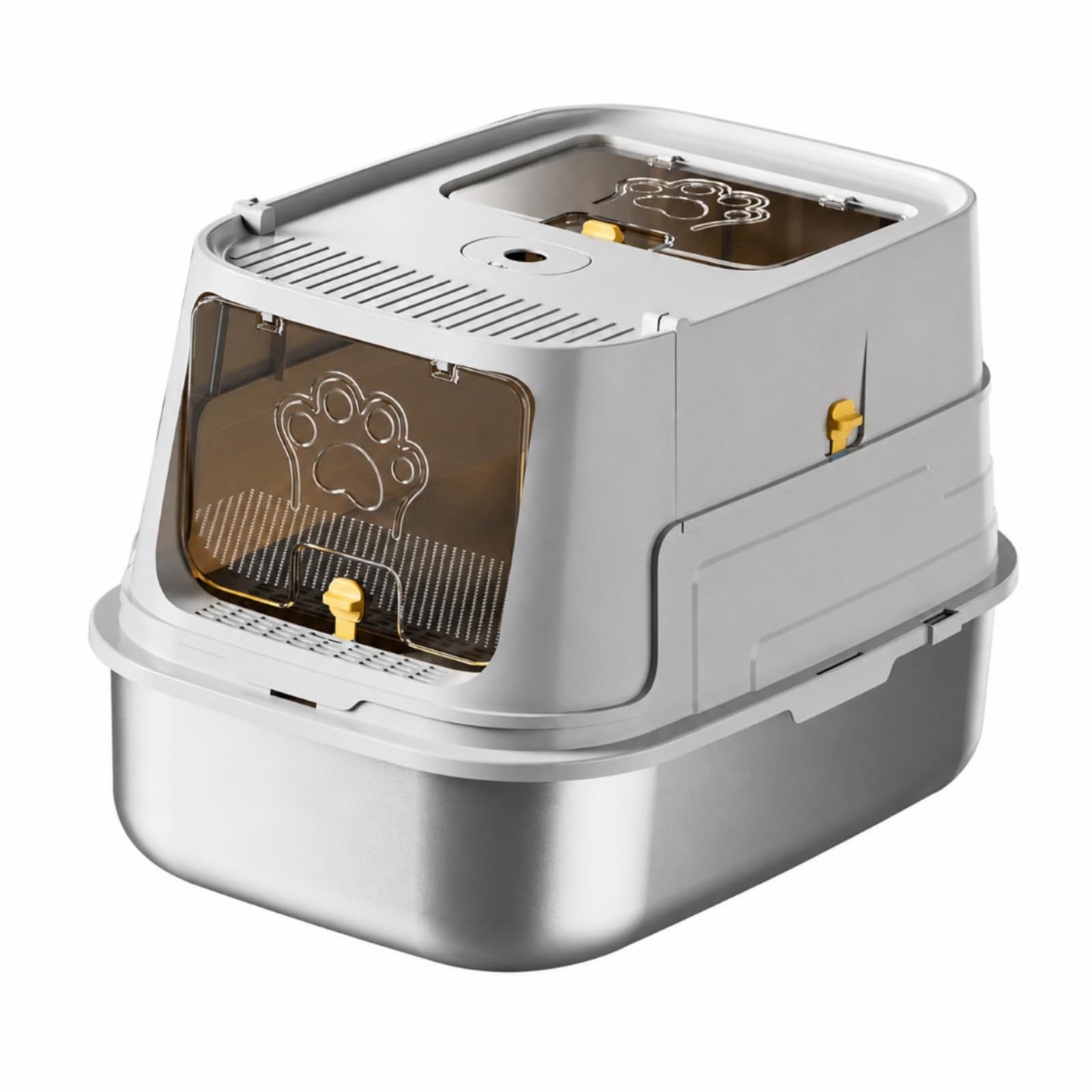 Contenedor de Arena Cerrado Arenero para Gatos Caja de Arena Bandeja con Fondo de Acero Inoxidable y Puerta de Acceso Frontal con Ranuras de, Gris Claro