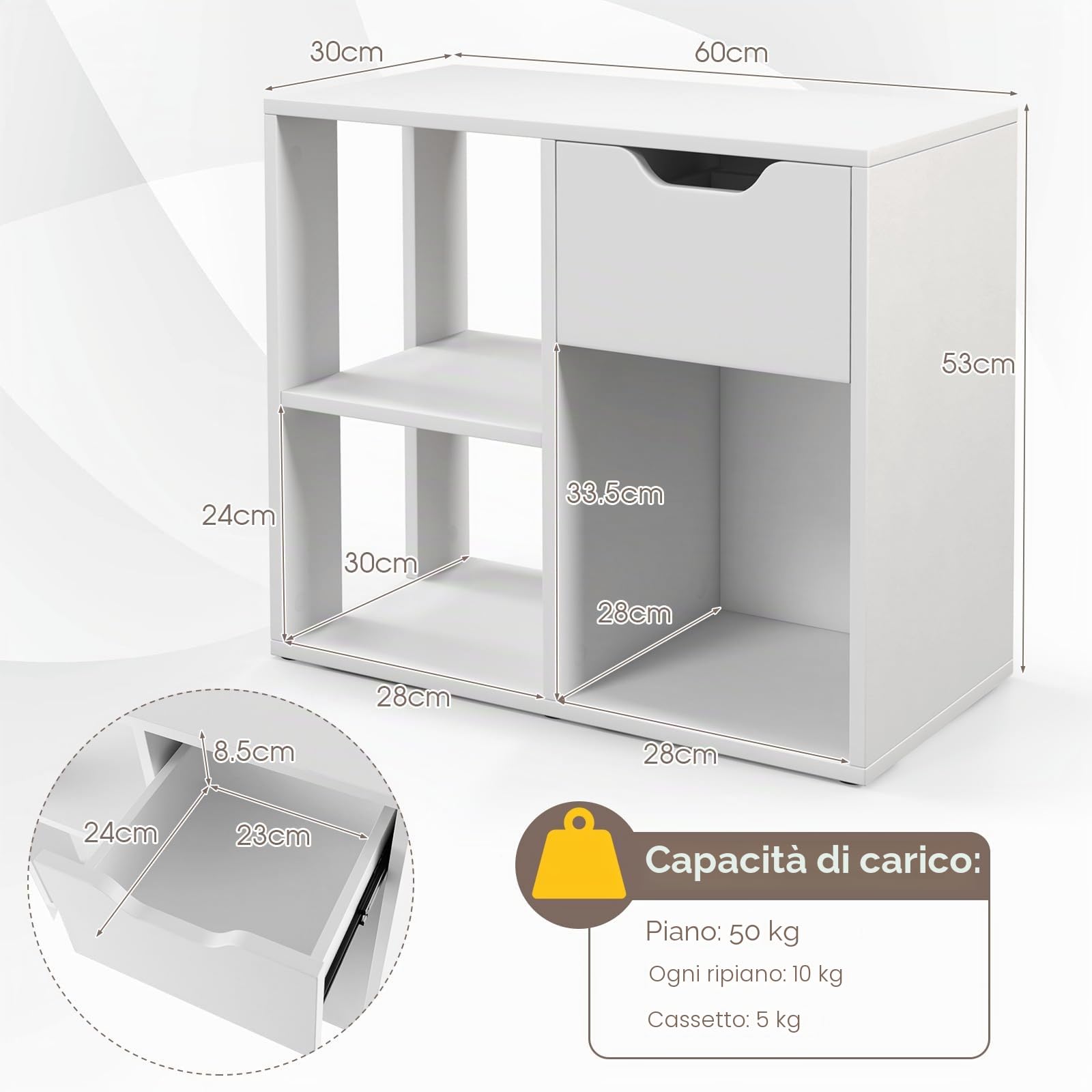 HOMASIS Cubo Portaoggetti Scaffale, Mobiletto Salvaspazio con Cassetto e 3 Scomparti, Scaffale Piccolo in Legno, Divisorio per Soggiorno, Ufficio, Camera da Letto, 60 x 30 x 53 cm (Bianco)